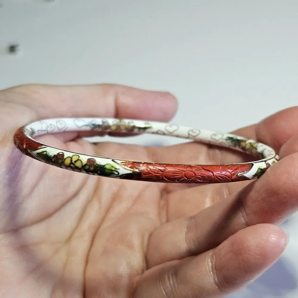Gold Tone Vntg Carved Red Cinnabar White Cloisonne Bracelet 7.75